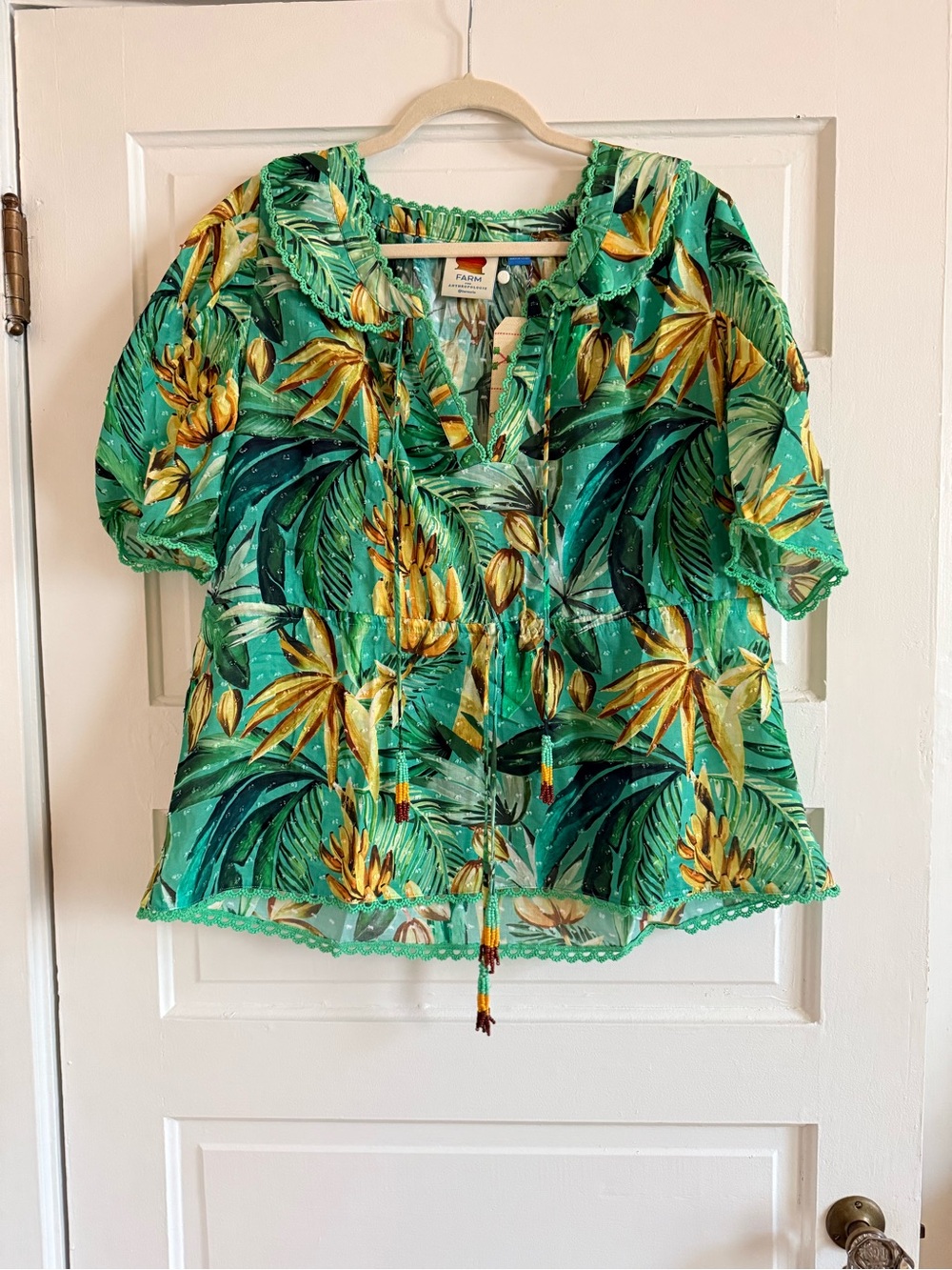 FARM Rio Green Tropical Leaf & Banana Print Peasant Blouse - Picture 2 of 3